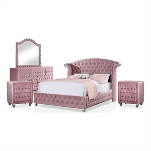 FOA Cyndi 5pc Pink Fabric Bed Set-Twin+2 Nightstands+Dresser+Mirror+Care Kit