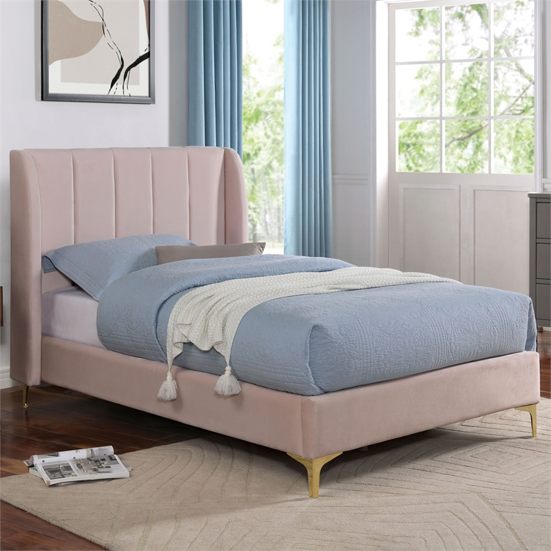 Furniture of America Royl Fabric Wingback Light Pink Twin Bed and Care Kit