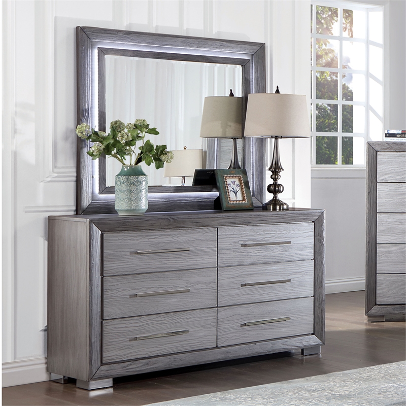 Furniture of America Iden Wood 6-Drawer Dresser with LED Mirror in Gray