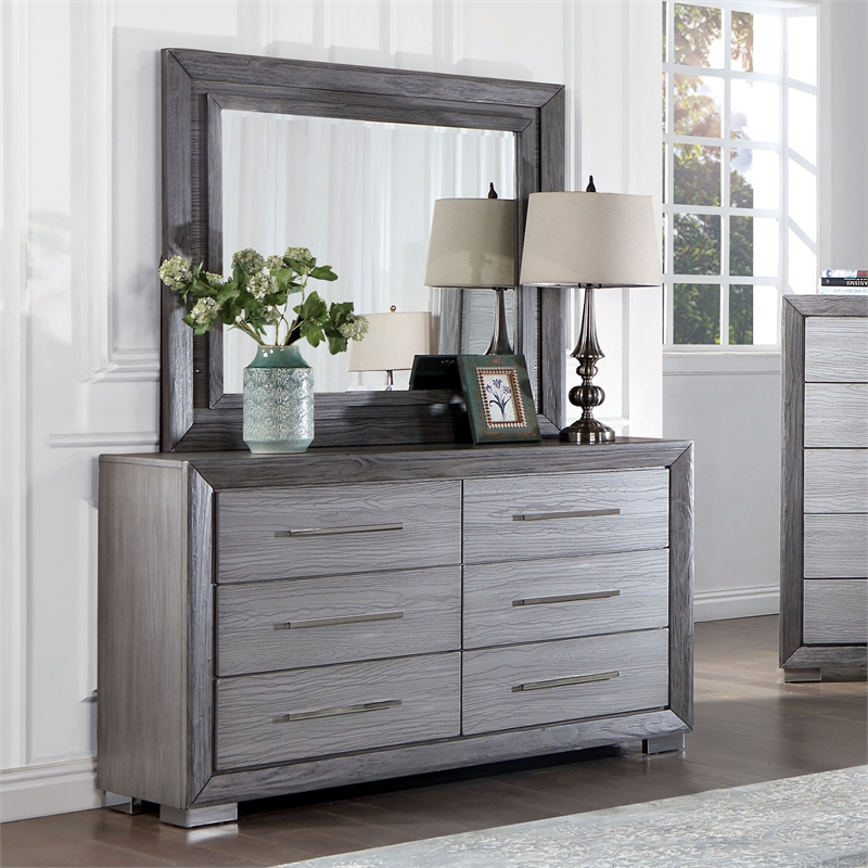 Furniture of America Iden Wood 6-Drawer Dresser with LED Mirror in Gray