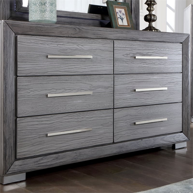 Furniture of America Iden Wood 6-Drawer Dresser with LED Mirror in Gray