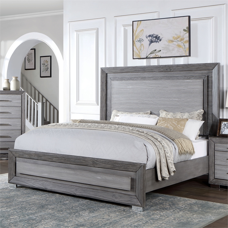 Furniture of America Iden Wood California King Bed with LED Light in Gray
