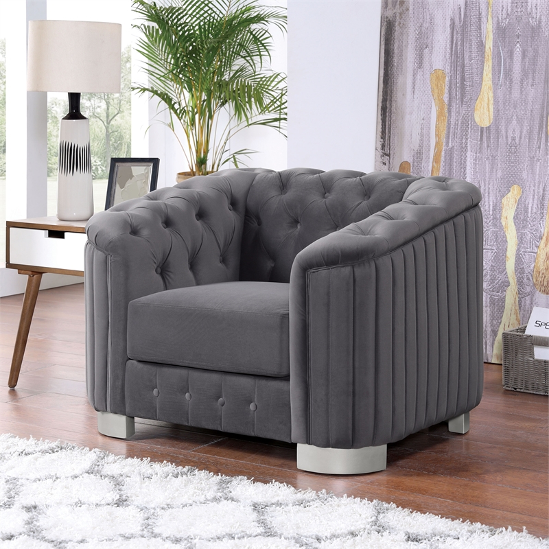 Furniture of America Ellon Glam Fabric Tufted Chair in Dark Gray | Bush ...