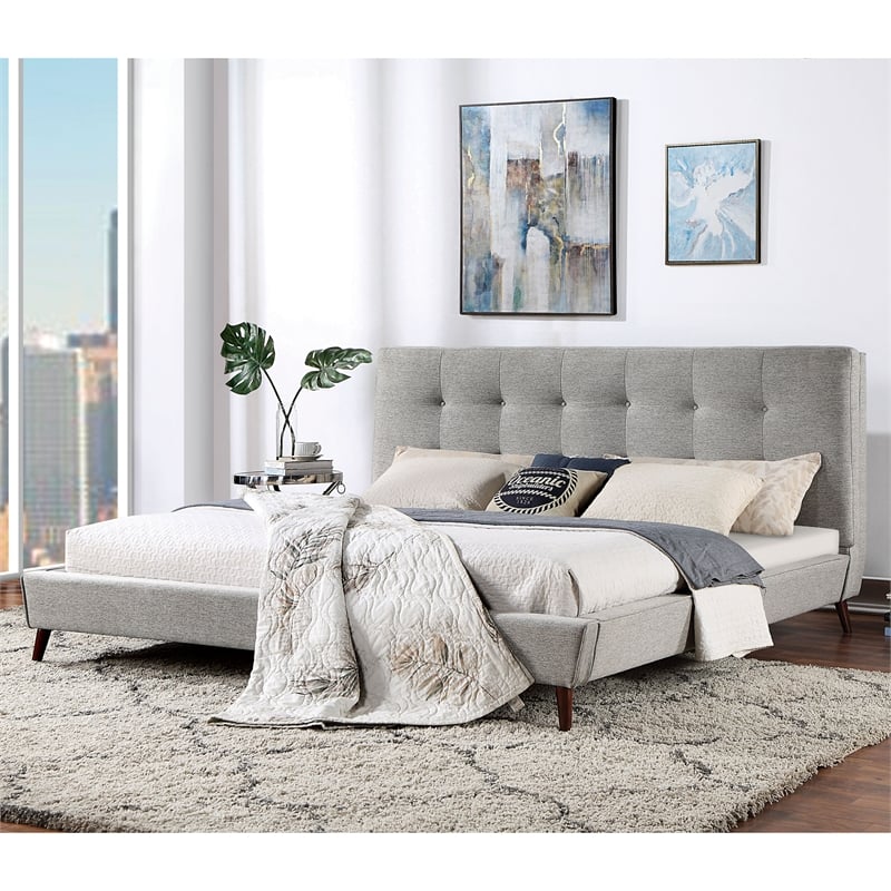 Furniture of America Macki Mid-Century Modern Fabric Tufted Full Bed in Gray