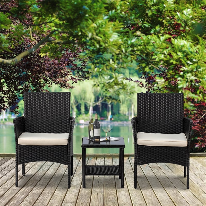 Furniture of America Rass 3-Piece Black Outdoor PE Wicker / Rattan Bistro Set