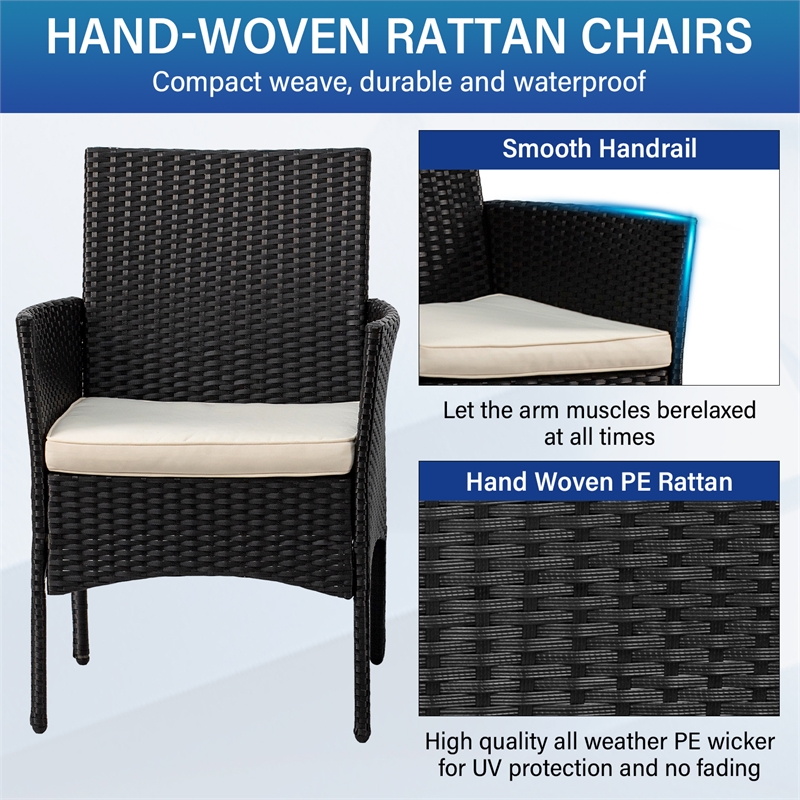 Furniture of America Rass 3-Piece Black Outdoor PE Wicker / Rattan Bistro Set