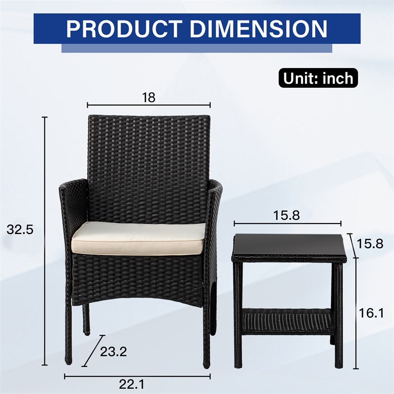 Furniture of America Rass 3-Piece Black Outdoor PE Wicker / Rattan Bistro Set