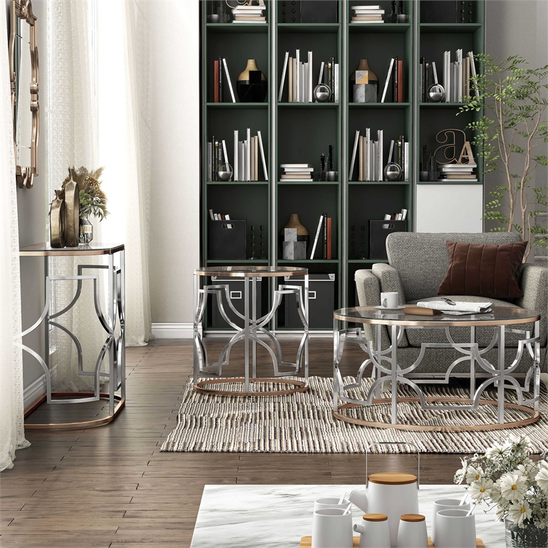 Furniture of America Sol Glass Top 3-Piece Coffee Table Set in Chrome and Gold