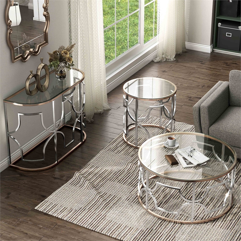 Furniture of America Sol Glass Top 3-Piece Coffee Table Set in Chrome and Gold