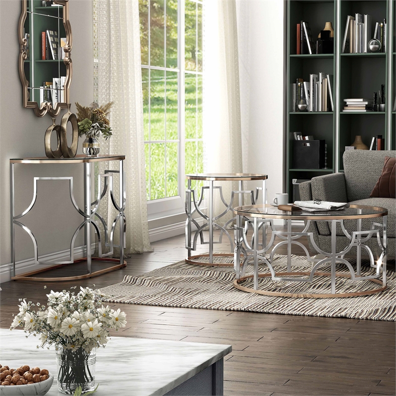 Furniture of America Sol Glass Top 3-Piece Coffee Table Set in Chrome and Gold
