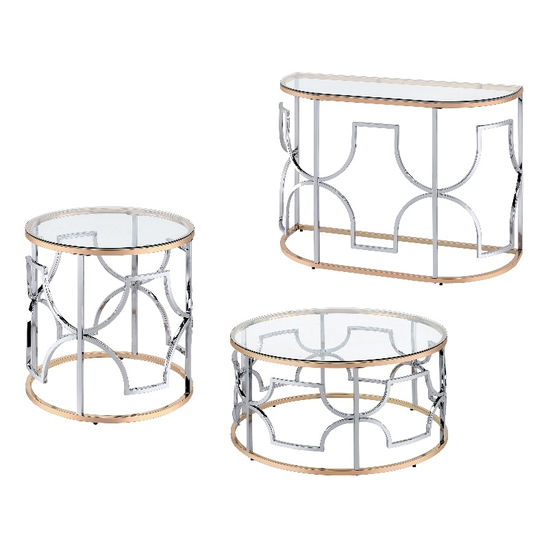 Furniture of America Sol Glass Top 3-Piece Coffee Table Set in Chrome and Gold