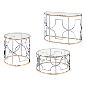 furniture of america sol glass top 3-piece coffee table set in chrome and gold