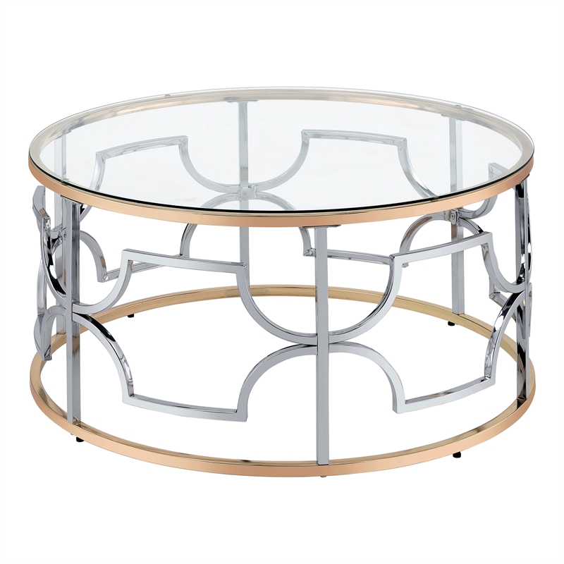 Furniture of America Sol Glass Top 2-Piece Coffee Table Set in Chrome and Gold