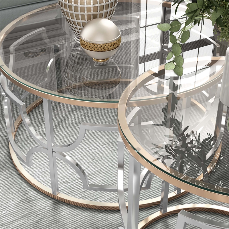 Furniture of America Sol Glass Top 2-Piece Coffee Table Set in Chrome and Gold