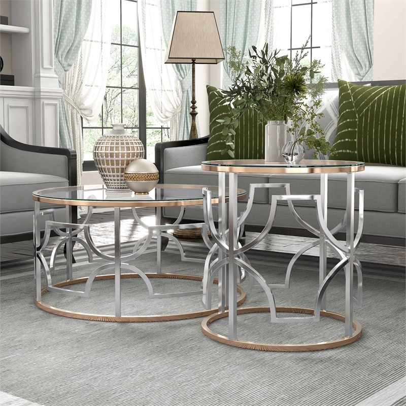Furniture of America Sol Glass Top 2-Piece Coffee Table Set in Chrome and Gold