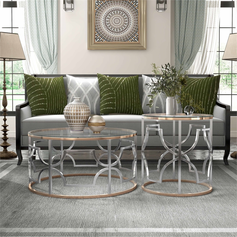Furniture of America Sol Glass Top 2-Piece Coffee Table Set in Chrome and Gold
