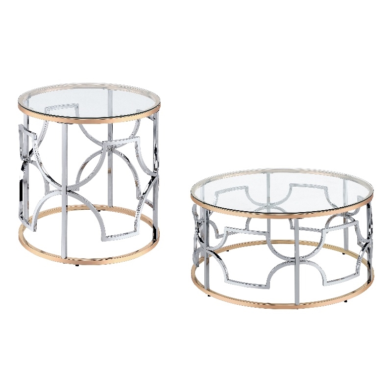 Furniture of America Sol Glass Top 2-Piece Coffee Table Set in Chrome and Gold