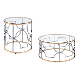 furniture of america sol glass top 2-piece coffee table set in chrome and gold