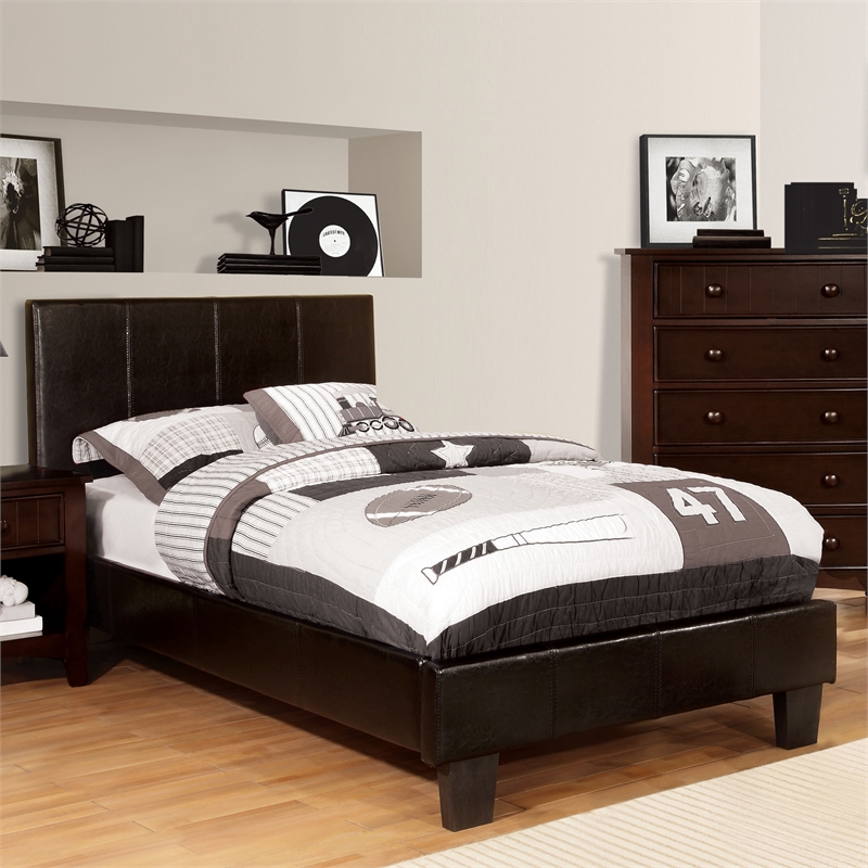 FOA Marc Espresso Twin Faux Leather Bed with 6