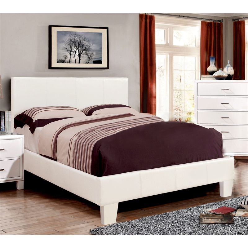 FOA Marc White Full Faux Leather Bed with 6