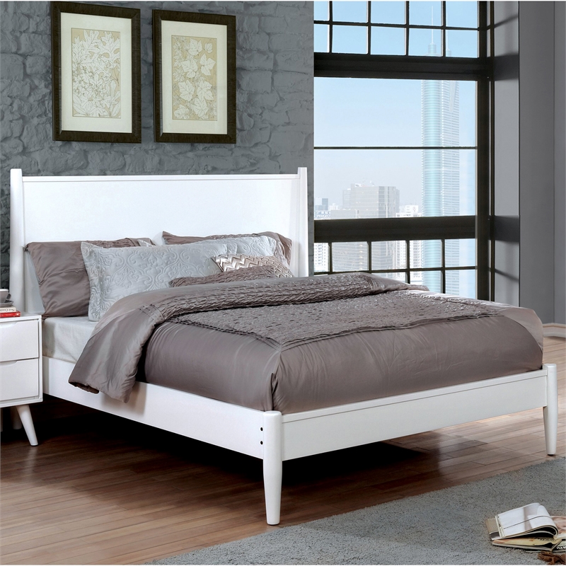 FOA Belkor Solid Wood White Queen Platform Bed with 8
