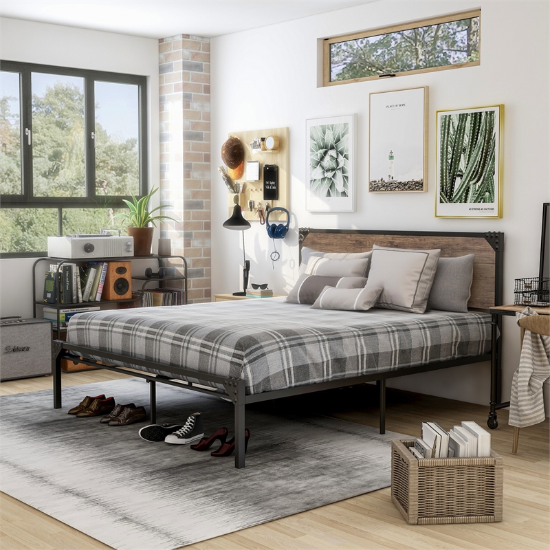 FOA Budenholz Brown Metal Full Platform Bed with 12