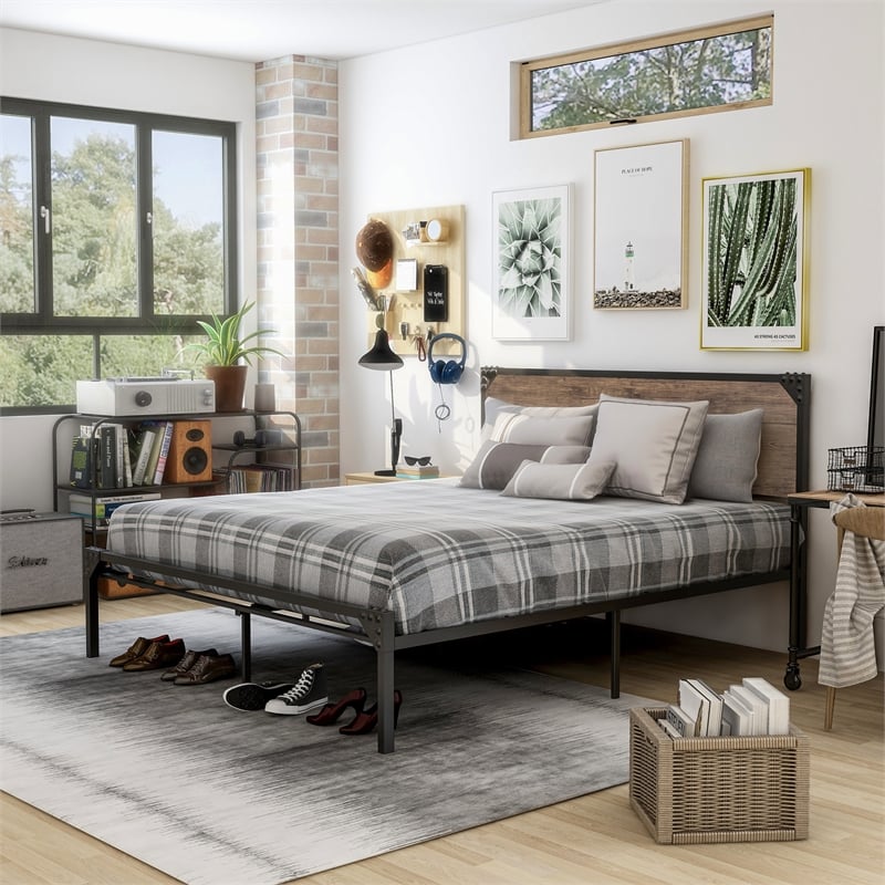 FOA Budenholz Brown Metal Queen Platform Bed with 12