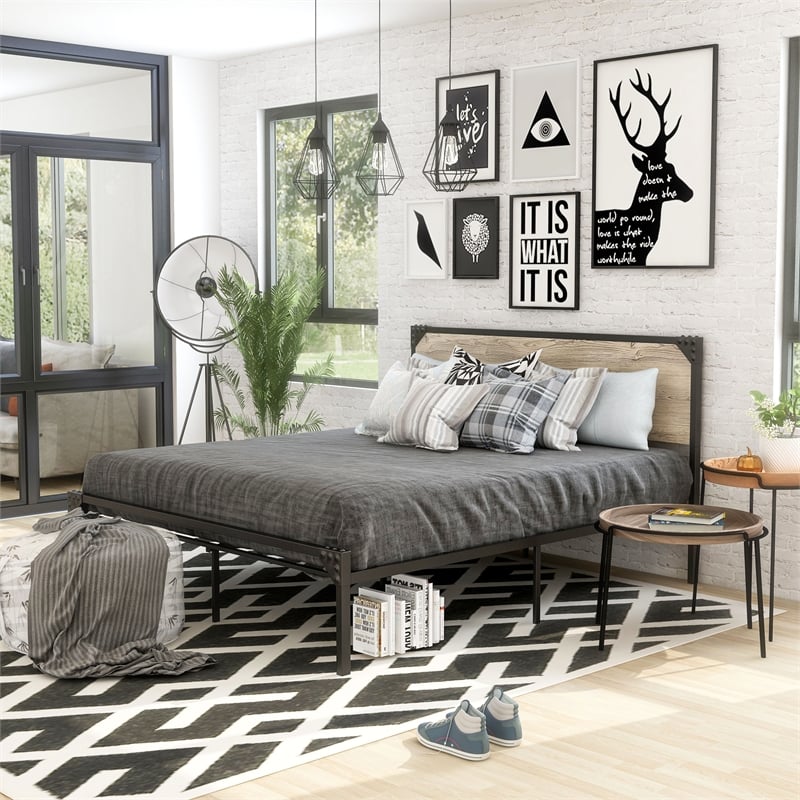 FOA Budenholz Gray Metal Queen Platform Bed with 12