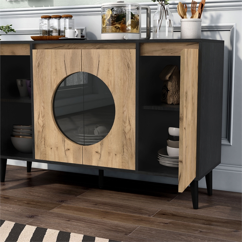 Furniture of America Rift 4-Door Wood Buffet Credenza in Ebony Black/Oak
