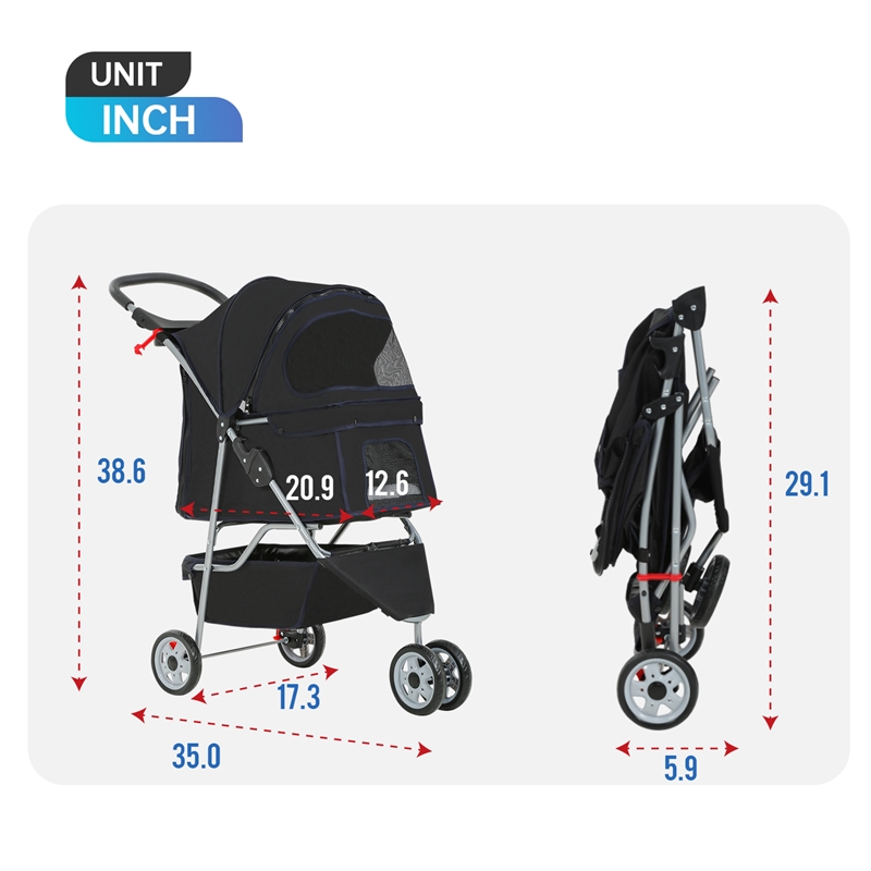 Furniture of America Pipii Collapsible Pet Stroller in Black Fabric