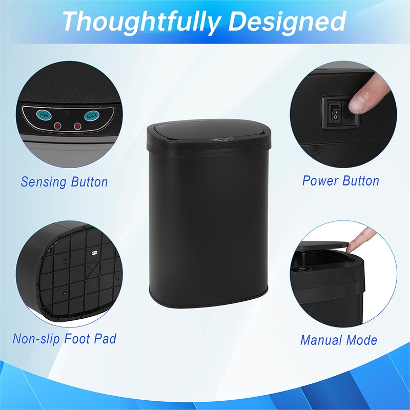FOA Rena 13 Gallon Stainless Steel Motion Sensor Automatic Trash Can in Black