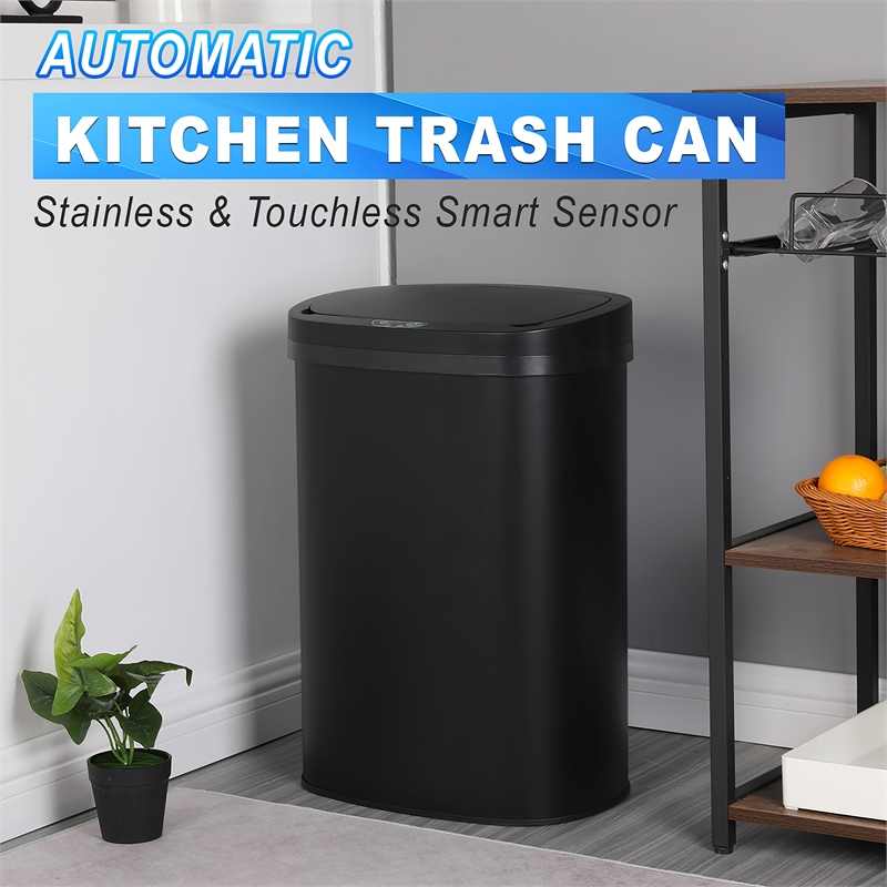 FOA Rena 13 Gallon Stainless Steel Motion Sensor Automatic Trash Can in Black