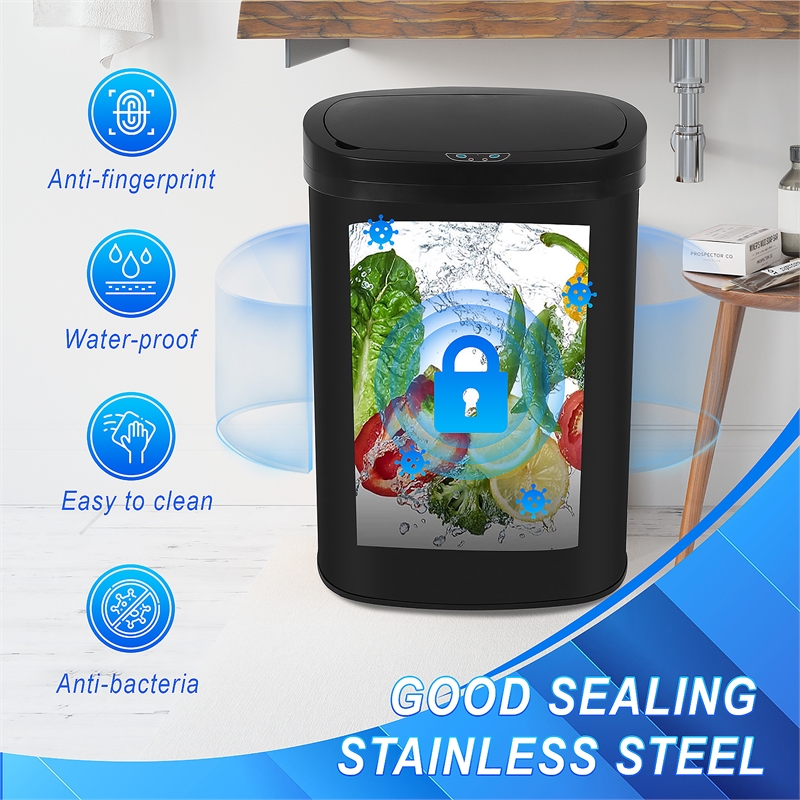 FOA Rena 13 Gallon Stainless Steel Motion Sensor Automatic Trash Can in Black