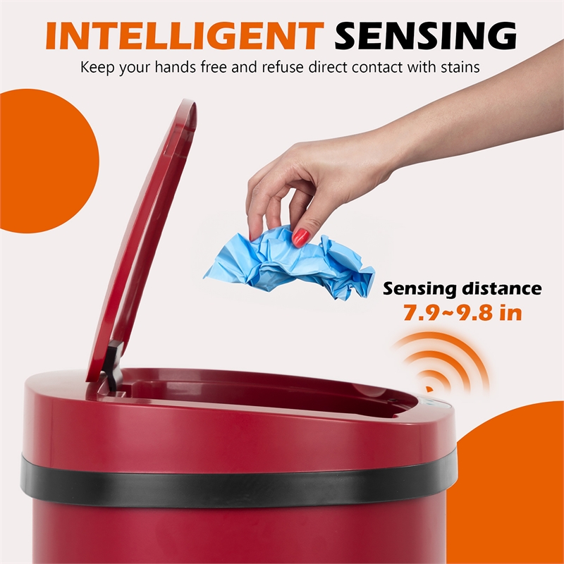 FOA Rena 13 Gallon Stainless Steel Motion Sensor Automatic Trash Can in Red