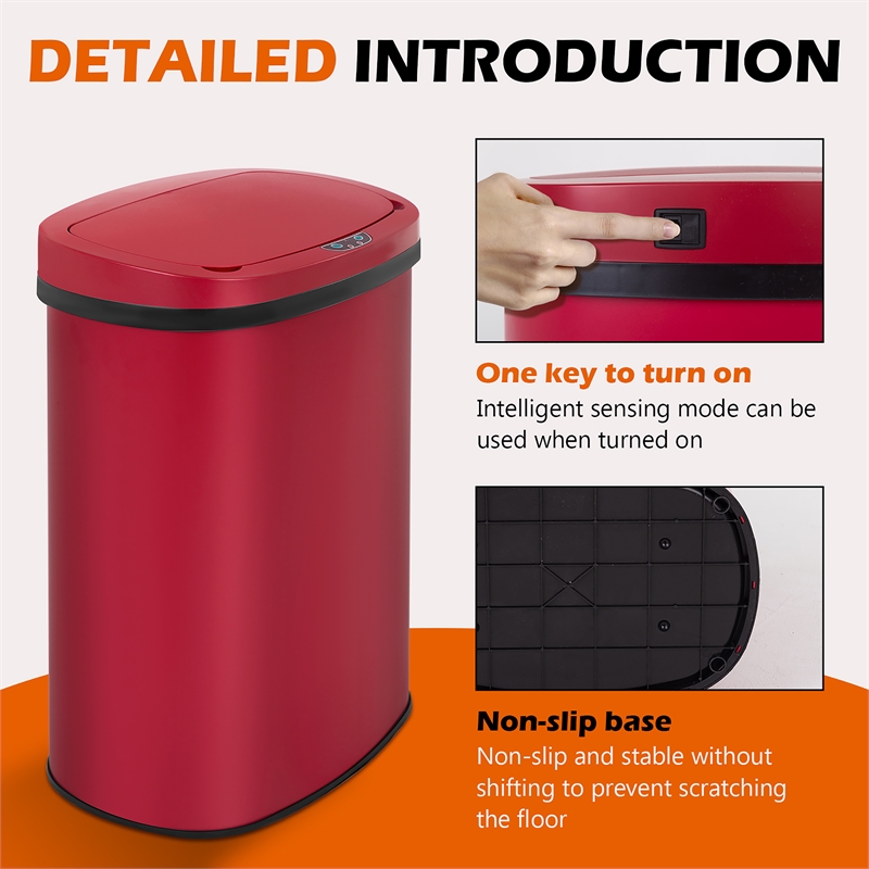 FOA Rena 13 Gallon Stainless Steel Motion Sensor Automatic Trash Can in Red