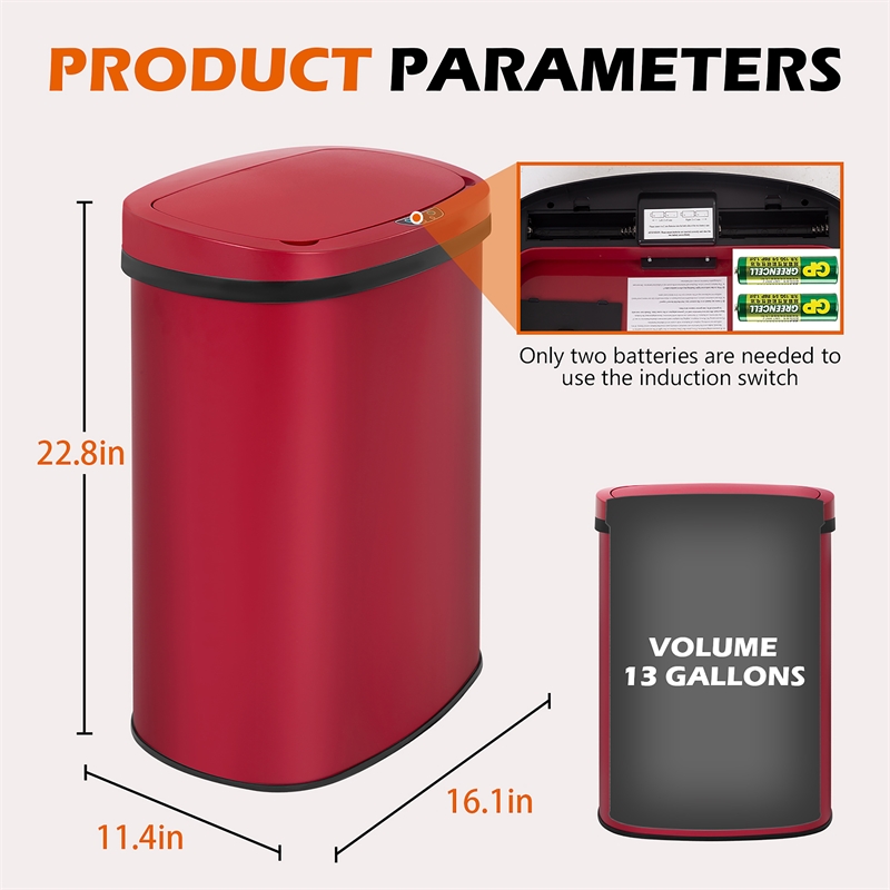 FOA Rena 13 Gallon Stainless Steel Motion Sensor Automatic Trash Can in Red