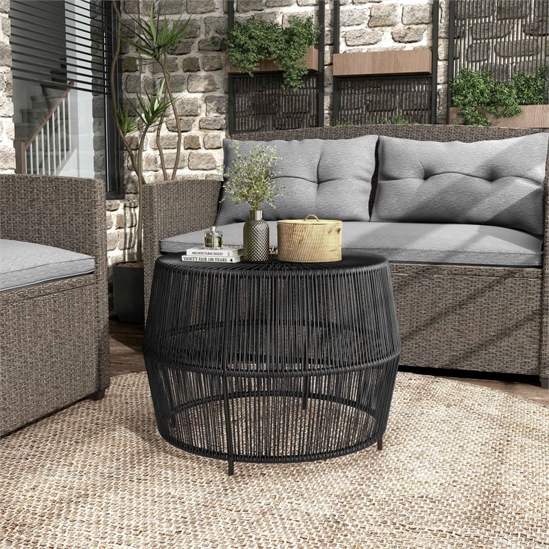 Muse & Lounge Co. Meja Wicker / Rattan Round Outdoor Coffee Table in Black