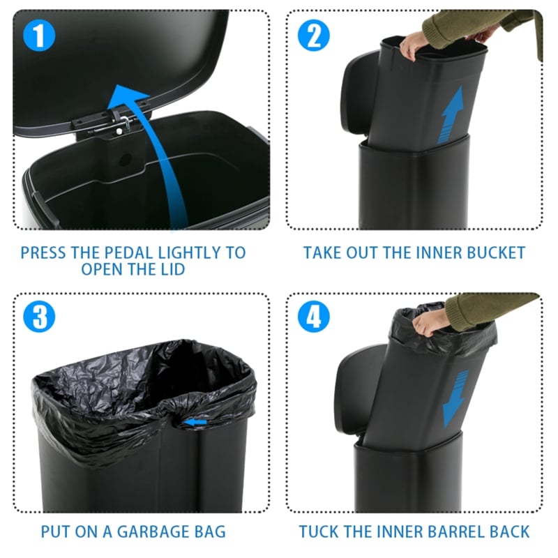 FOA Ament 13 Gallon Stainless Steel Step Foot Pedal Trash Can in Black