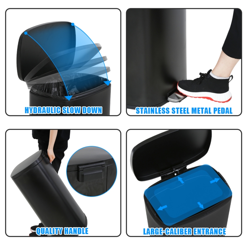 FOA Ament 13 Gallon Stainless Steel Step Foot Pedal Trash Can in Black