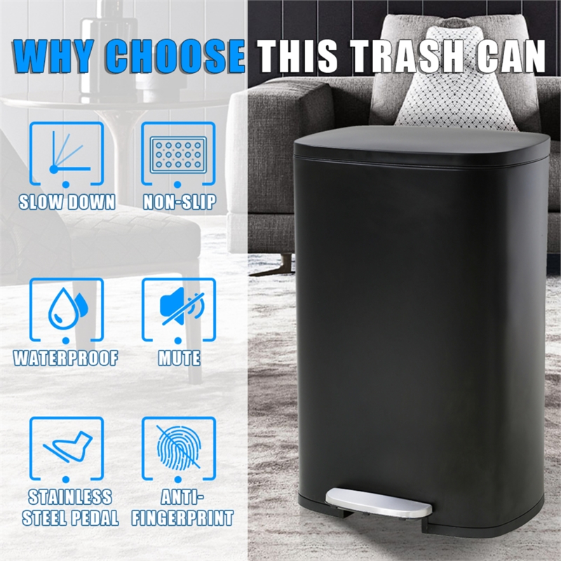 FOA Ament 13 Gallon Stainless Steel Step Foot Pedal Trash Can in Black