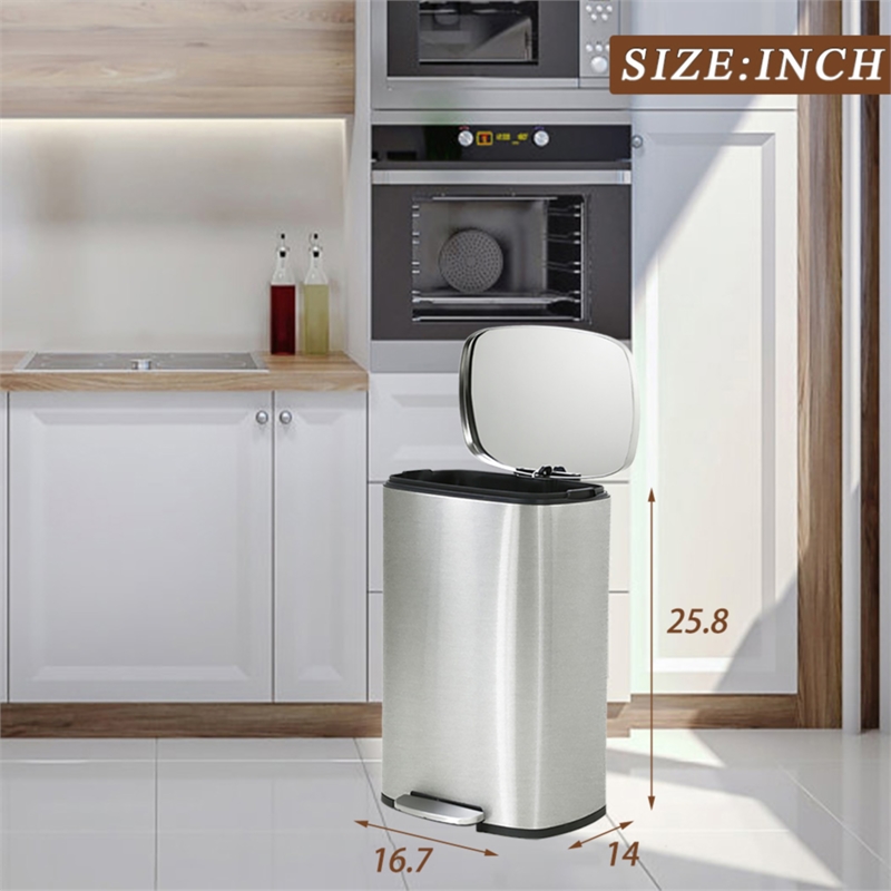 FOA Ament 13 Gallon Stainless Steel Step Foot Pedal Trash Can in Silver