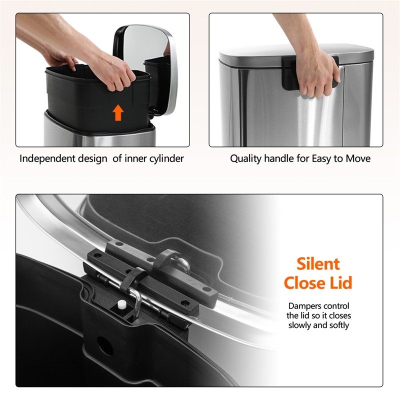 FOA Ament 13 Gallon Stainless Steel Step Foot Pedal Trash Can in Silver