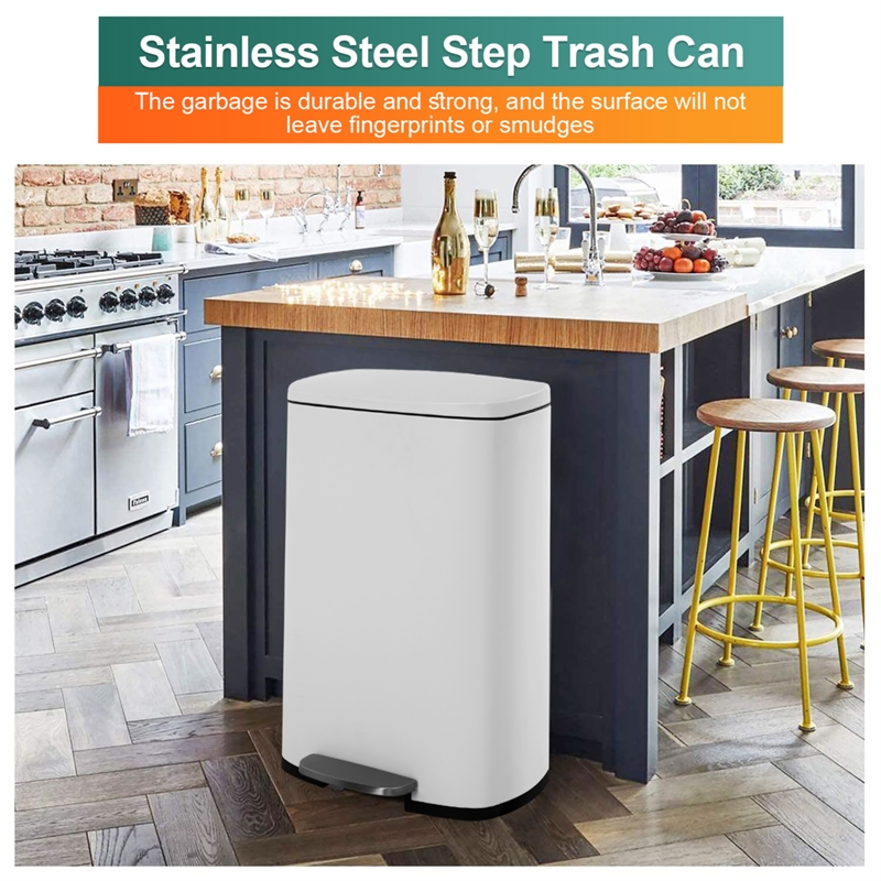 FOA Ament 13 Gallon Stainless Steel Step Foot Pedal Trash Can in White