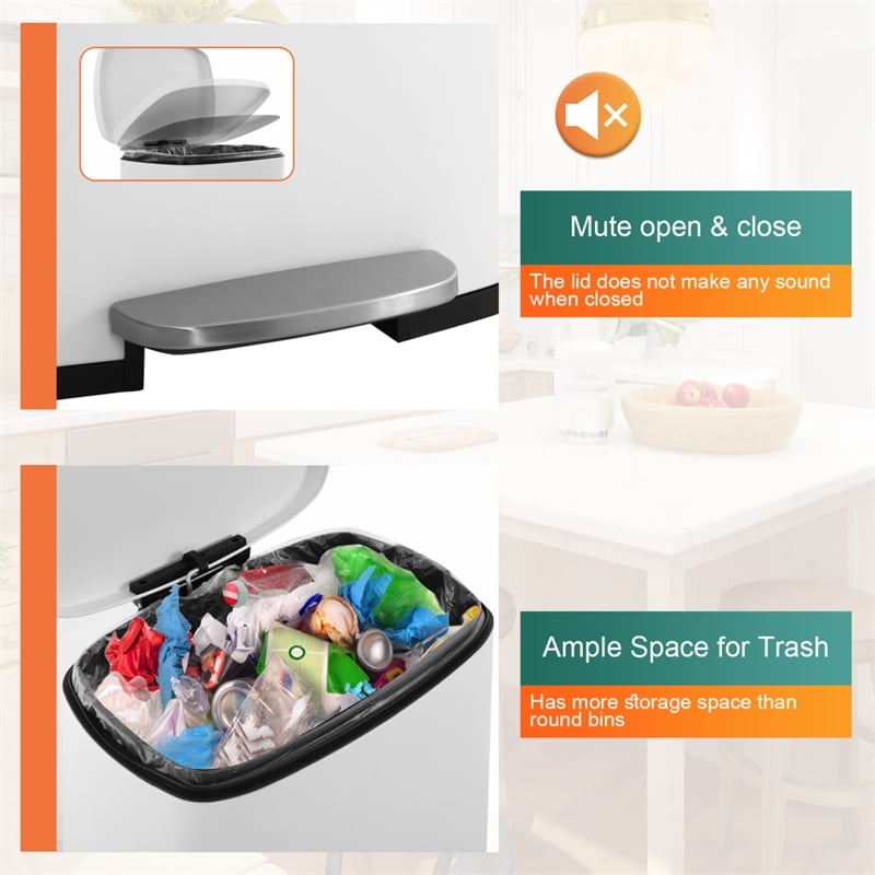 FOA Ament 13 Gallon Stainless Steel Step Foot Pedal Trash Can in White