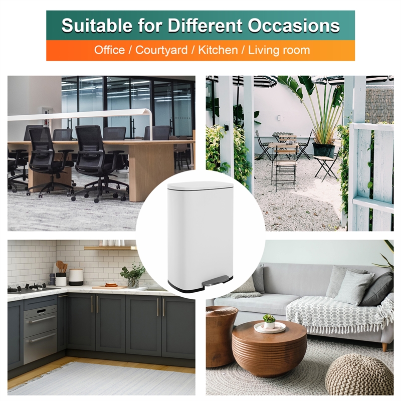 FOA Ament 13 Gallon Stainless Steel Step Foot Pedal Trash Can in White