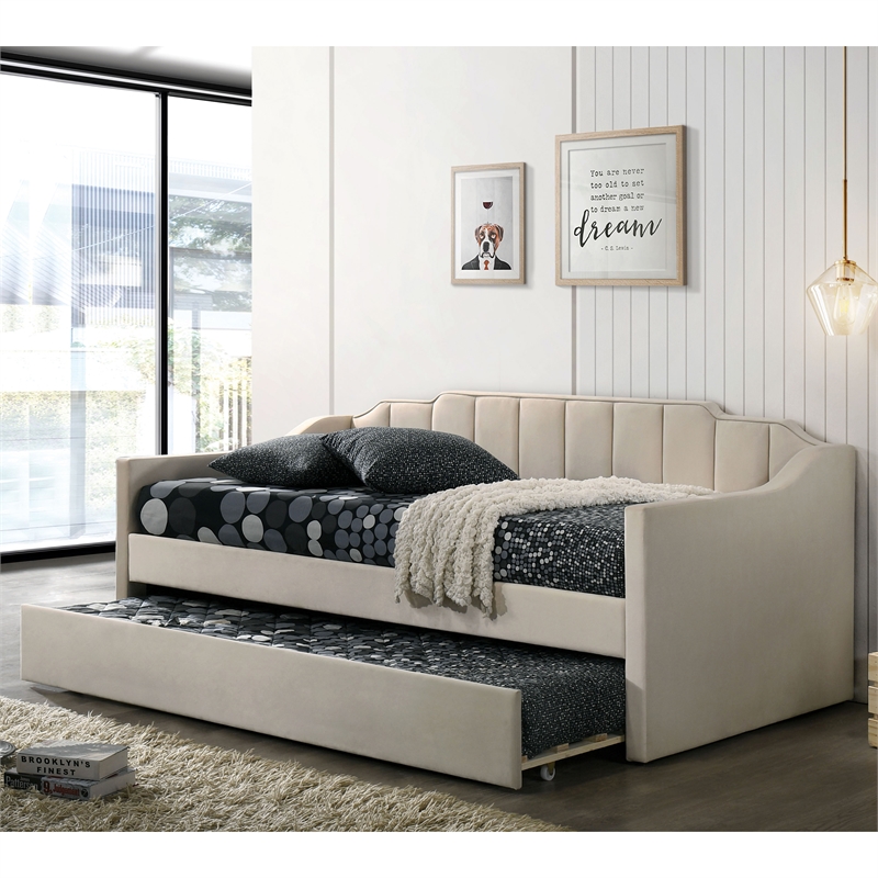 Furniture of America Koon Fabric Upholstered Daybed with Trundle in Beige