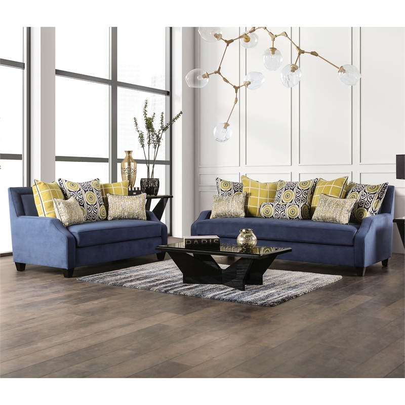 Furniture of America Moin Fabric Upholstered Track Arm 2-Piece Sofa Set in Navy