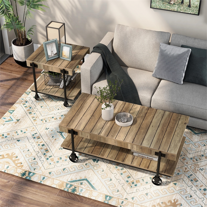Furniture of America Acres Wood Rustic Oak 2-Piece Coffee Table Set with Wheels