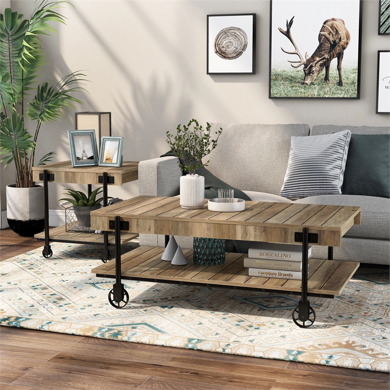 Furniture of America Acres Wood Rustic Oak 2-Piece Coffee Table Set with Wheels