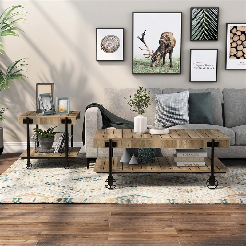 Furniture of America Acres Wood Rustic Oak 2-Piece Coffee Table Set with Wheels